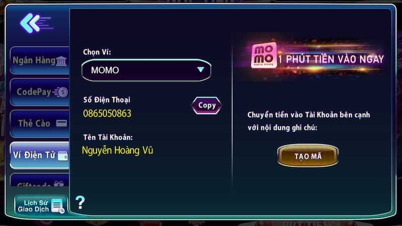 Hướng dẫn nạp tiền tại 789Club qua ví điện tử Momo